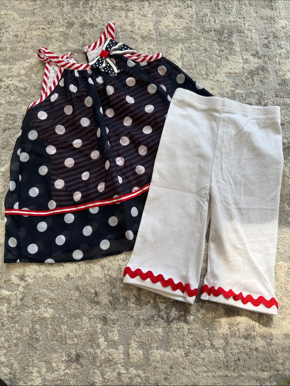 Blueberi Boulevard Navy Polka Dot Tank with White Capri Pants - Red Trim